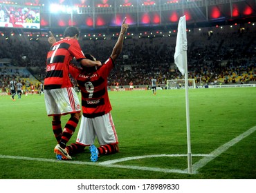 RIO DE JANEIRO, BRAZIL - FEBRUARY 26, 2014: Copa Libertadores Soccer Match Of Corinthias Vs. Flamengo At Maracana Stadium.  