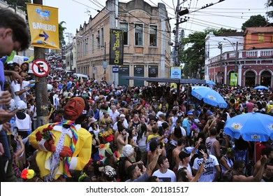 RIO DE JANEIRO, BRAZIL - FEBRUARY 08, 2013: Street Carnival In Rio De Janeiro, Crowd Of People Celebrate On The Street With Blocos, Individual Groups Who Plan The Parties With Bands And Samba Music.