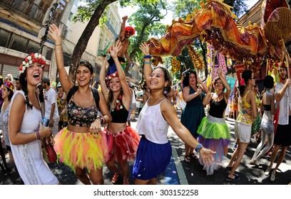 Rio De Janeiro, Brazil - February 23, 2014: Revelers Take Part In The Street Block Cordao Do Boitata Parade.