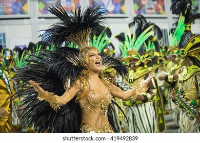 RIO DE JANEIRO, Brazil - february 08, 2016: Samba school parade Unidos de Padre Miguel during the 2016 carnival in Rio de Janeiro, the Sambodromo. Queen of percussion Claudia Leitte