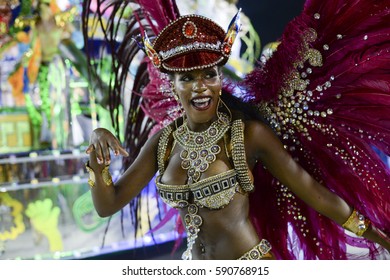 RIO DE JANEIRO, Brazil - February 25, 2017: Samba School Parade Estácio De Sá During The 2017 Carnival In Rio De Janeiro At Sambodromo (Marques De Sapucai).