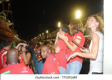 RIO DE JANEIRO, BRAZIL - FEBRUARY 15, 2015: Parades Of The Schools Of Samba, Grande Rio In The Sambodrome Of Rio De Janeiro
The Super Model Gisele Bündchen Dancing During The Parade
