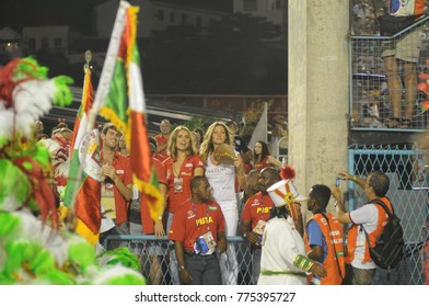 RIO DE JANEIRO, BRAZIL - FEBRUARY 15, 2015: Parades Of The Schools Of Samba, Grande Rio In The Sambodrome Of Rio De Janeiro
The Super Model Gisele Bündchen Dancing During The Parade
