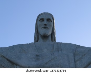 RIO DE JANEIRO, BRAZIL - JANUARY 5, 2014: Close Up Statue Of Christ The Redeemer Statue, Located On The Top Of Corcovado, The Highest Mountain In Rio, At Approximately 2,330 Feet Above Sea Level.