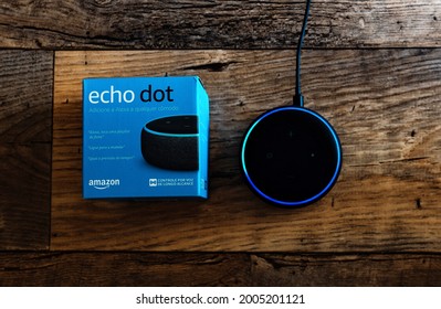 Rio de Janeiro, Brazil - January 07 2021: Amazon Echo Dot smart speaker with integrated Alexa voice assistant, home office