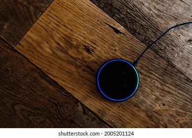 Rio De Janeiro, Brazil - January 07 2021: Amazon Echo Dot Smart Speaker With Integrated Alexa Voice Assistant, Home Office