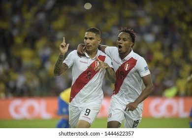 RIO DE JANEIRO, BRAZIL - July 07, 2019:Paolo Guerrero of Peru  celebrates after scoring a goal during the 2019 Copa America  between Brazil  and Peru  at Maracana Stadium. 