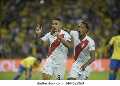 RIO DE JANEIRO, BRAZIL - July 07, 2019:Paolo Guerrero of Peru  celebrates after scoring a goal during the 2019 Copa America  between Brazil  and Peru  at Maracana Stadium. 