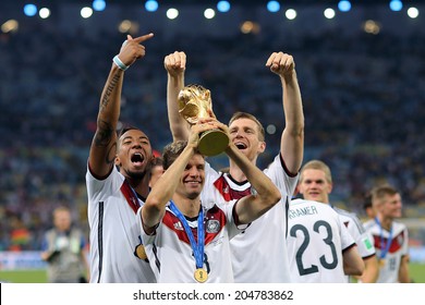 RIO DE JANEIRO, BRAZIL - July 13, 2014: Players of Germany celebrate with the trophy winning the 2014 World Cup Final game between Argentina and Germany at Maracana Stadium. NO USE IN BRAZIL.