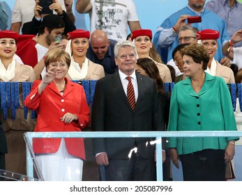 RIO DE JANEIRO, BRAZIL - July 13, 2014: Angela Merkel, Joachim Gauck and Dilma Rousseff before the Trophy presentation of the 2014 World Cup Final at Maracana Stadium. NO USE IN BRAZIL. 