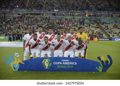 RIO DE JANEIRO, BRAZIL - June 18, 2019: Peru team posing for a photo during the 2019 Copa America. Peru is facing Bolivia in the Group A at Maracana Stadium. 