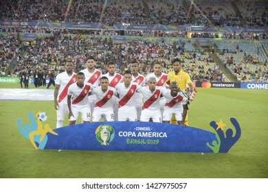 RIO DE JANEIRO, BRAZIL - June 18, 2019: Peru team posing for a photo during the 2019 Copa America. Peru is facing Bolivia in the Group A at Maracana Stadium. 