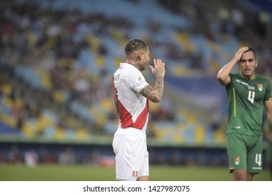 RIO DE JANEIRO, BRAZIL - June 18, 2019: Paolo Guerrero of Peru kicks the ball during the 2019 Copa America Group A game between Bolivia and Peru at  Maracana Stadium. 

