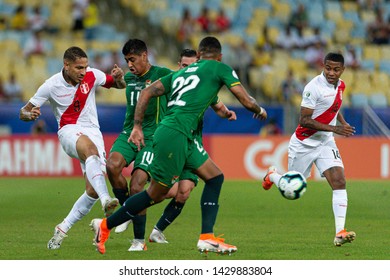 RIO DE JANEIRO, BRAZIL - June 18, 2019: Paolo Guerrero of Peru kicks the ball during the 2019 America Cup Group A game between Bolivia and Peru at Maracana Stadium. 