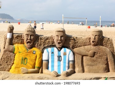 Rio De Janeiro, Brazil - June 11, 2014 - Soccer Decorations On Copacabana Beach For The 2014 FIFA World Cup Set To Open On June 12 With Brazil Facing Croatia In Sao Paulo. No Use In Brazil.