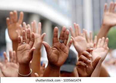 Rio de Janeiro, Brazil, May 19, 2012.
Faithful raise their hands during evangelical event March for Jesus, where gathered thousands of people in the center of the city of Rio de Janeiro.
