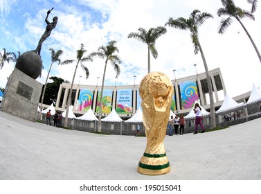 RIO DE JANEIRO, BRAZIL - May 26, 2014: A replica of the FIFA World Cup Trophy in front of Maracana Stadium 16 days before the World Cup opening ceremony on June 12, 2014 in Sao Paulo.