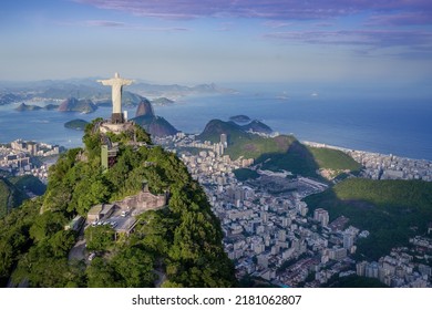 Rio De Janeiro, Brazil - May 3, 2022: Aerial View Of Christ The Redeemer Statue And Sugarloaf Mountain - Rio De Janeiro, Brazil