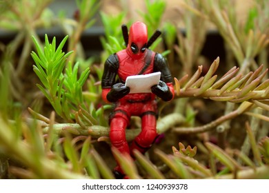 Rio de Janeiro, Brazil, November 25, 2018:  Deadpool Minifigure sitting on plant. Deadpool reading a newspaper under the plant.
