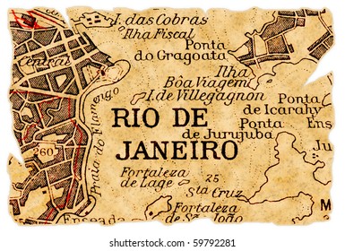 Rio de Janeiro, Brazil on an old torn map from 1949, isolated. Part of the old map series.