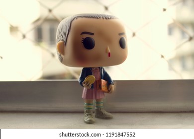Rio de Janeiro, Brazil. September 30, 2018. Illustrative editorial of Funko Pop action figure of Eleven with eggos, fictional character from the Netflix series Stranger Things.