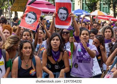 Rio de Janeiro, Brazil, September 29, 2018. Large protests of women in Brazil march at Cinelandia, against far-right presidential candidate Jair Bolsonaro, saying #NotHim.