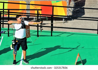 RIO DE JANEIRO, BRAZIL: SEPTEMBER 20, 2015:  Archer From Mexico Ready To Release Arrow During The Archery Challenge As Part Of AqueceRio Test Event For The 2016 Olympics.