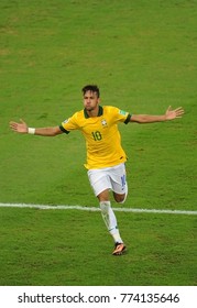 Rio de Janeiro, July 1, 2013. Brazilian soccer player Neymar, celebrating his goal in the match Brazil vs. Spain in the final of the Confederations Cup 2013, in Etadio do Maracana in the city of Rio