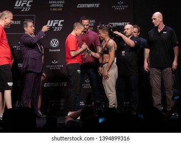 RIO DE JANEIRO, MAY 10, 2019: FighterS Rose Namajunas And Jessica Andrade During Weighing At UFC 237 (Ultimate Fighter Championship), Rio De Janeiro 