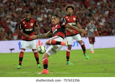 Rio de Janeiro, May 7, 2017.
Flamengo soccer player, Paolo Guerrero, celebrating his goal in Flamengo Vs. Fluminense at the Maracanã Stadium in Rio de Janeiro, Brazil