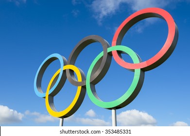 RIO DE JANEIRO - OCTOBER 14, 2015: Olympic rings stand under bright blue sky