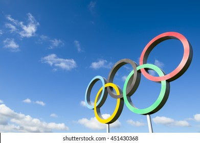 RIO DE JANEIRO - OCTOBER 14, 2015: Olympic rings stand under bright blue sky 
