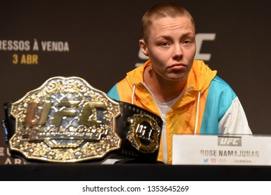 RIO DE JANEIRO, RJ, 28 MARCH 2019: American Wrestler Rose Namajunas Participates In The UFC 237 Event Press Conference Where She Will Fight With Brazil's Jessica Andrade In Rio De Janeiro In Brazil