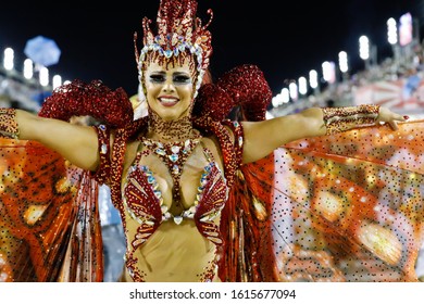 Rio de Janeiro, RJ / Brazil - march 04 2019 - Samba band godmother 'Viviane Araujo' of samba school 'Academicos do Salgueiro', during carioca Carnival parade along the Sambadrome.