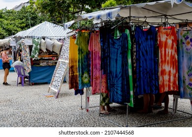 Rio de Janeiro RJ Brazil January 16 2022 - Ipanema Hippie Fair open only on sundays to sell arts, crafts and street food, in General Osorio Square.