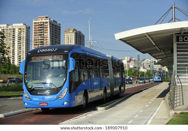 Rio de Janeiro, RJ, Brazil-December 6, 2012:\
BRT(Bus Rapid Transit), bus-based mass transit system, implemented\
to avoid traffic congestion for hosting Olympics. Bus-only lanes\
make for faster travel,