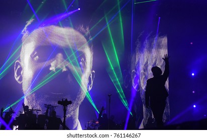Rio de Janeiro, September 18, 2017. Silhouette of singer Justin Timberlake, during the presentation of his show at Rock in Rio 2017 in Rio de Janeiro, Brazil.
