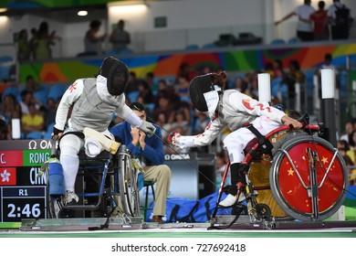 Rio de Janeiro-Brazil 14 September 2016 Fencing (China and Hong Kong) athletes (J RONG) CHINA X (C YU) HKG during the Paralympic Games 2016