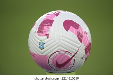 Rio De Janeiro-Brazil October 16, 2022, Soccer Ball Of Pink Color, During The Brazilian Soccer Championship. A Tribute To The Month Of The Breast Cancer Prevention Campaign, Pink October