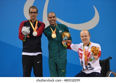 Rio De Janeiro-Brazil September 8, 2016 -swimming Paralympic, Brazil's Daniel Dias Athlete With Gold Medal Poses At The Paralympics Games 2016