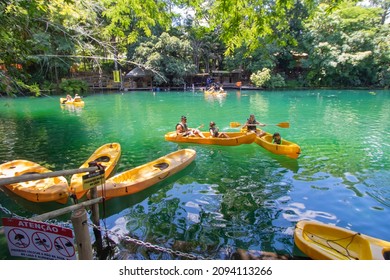 RIO QUENTE, BRAZIL - DECEMBER 07, 2021: Brazilian People Have Fun In Lake On December, 2021, Rio Quente.