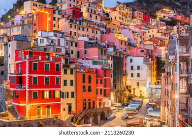 Riomaggiore, Italy at dusk. Riomaggiore is one of the five towns of Cinque Terre.
