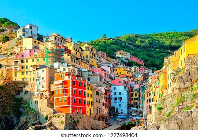 Riomaggiore is a village in the province of La Spezia, Liguria, Cinque Terre Coast of Italy. Riomaggiore one of five famous colorful villages of Cinque Terre National Park in Italy. Landmark of Italy