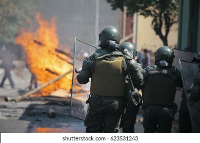 Riot Police during a student strike in Santiago, Chile. - Shutterstock ID 623531243
