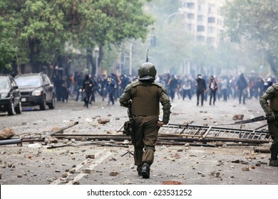 Riot police during a student strike in Santiago, Chile. - Shutterstock ID 623531252