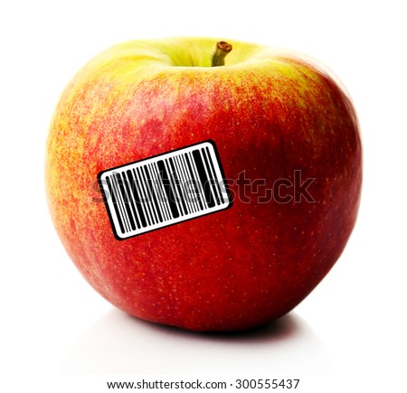 Ripe apple with barcode isolated on white