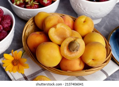 Ripe Apricots In A Wicker Basket Summer Fruit