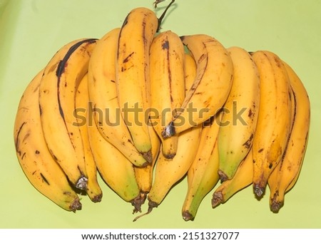 Ripe bananas, organic banana, natural, natural yellow with green background, 