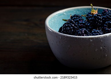 Ripe Blackberries With Leaves In A Clay Bowl On A  Wooden Background Dark Food Photography, Sweet Tasty Heap Antioxidant Organic Superfood