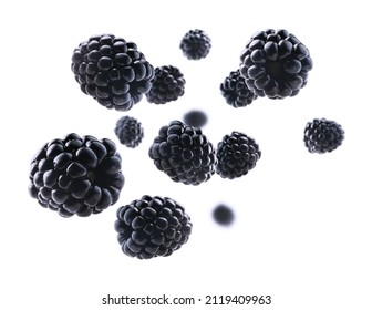 Ripe blackberries levitate on a white background - Shutterstock ID 2119409963